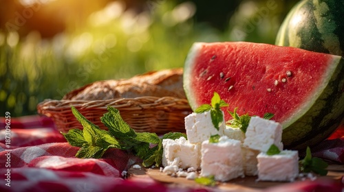 Fresh summer picnic scene with juicy watermelon and creamy cheese. Bright sunlight enhances colors. Ideal image for food blogs, summer events, and healthy lifestyle promotion.