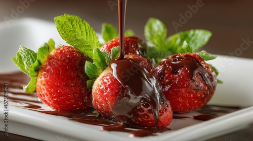 Fresh strawberries with chocolate sauce. Delicious dessert idea. Vibrant colors enhance visual appeal. Perfect for food photography, culinary inspiration, and sweet moments.