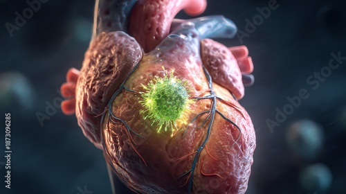 3D illustration of human heart infected with virus. Vivid colors highlight impact of disease on health. This striking image serves medical education and awareness purposes.