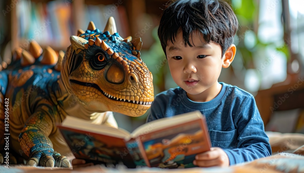 Fototapeta premium The Young Explorer and Dino Buddy: A young child engrossed in a captivating story, sharing the joy of reading with a friendly dinosaur companion in a warm and inviting setting.