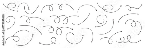 Hand drawn curved and straight arrow set. Black grunge sketch arrow collection. Doodle sketched pointers and direction lines. Wavy and zigzag brush stroke bundle for flyer, poster, brochure. Vector