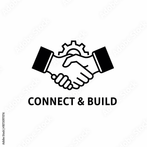 Two hands shaking with a gear in the background symbolizing partnership and collaboration