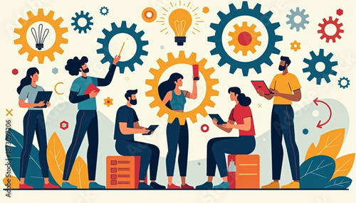 Diverse Inventors Collaboration Vector Illustration for Innovation and Technology