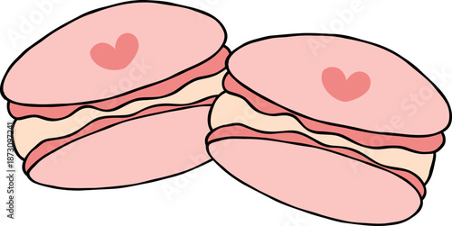 Hand drawn sweet macarons dessert pink  pastel color cute love illustration for valentines 