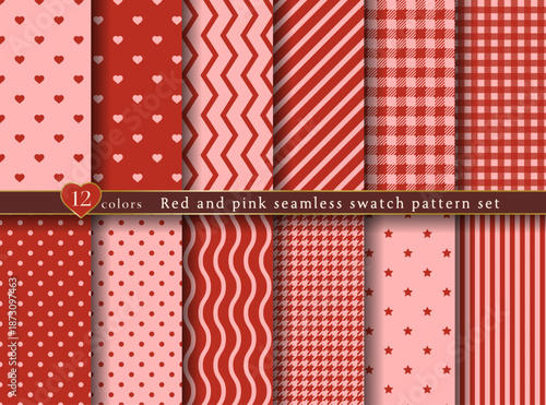 赤とピンク色のシームレスパターンセット 12種類　バレンタイン