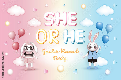 Gender Reveal Party, vector illustration with cute bunny girl and bunny boy on pink blue background with clouds, balloons, hearts and colourful elements