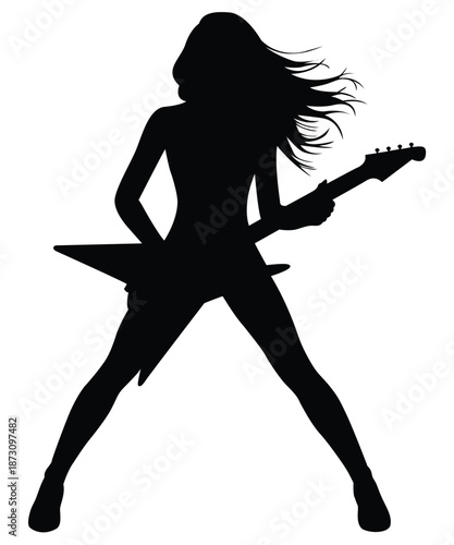 Female Rock Guitarist Silhouette Playing Electric Guitar on White Background.
