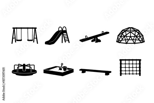 Playground icons set. Containing swing, slide, seesaw, dome, sandbox, spinner, balance beam, and more.