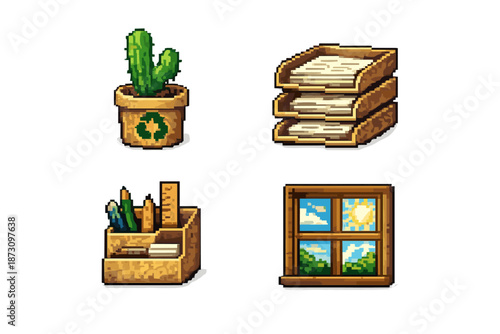Office and workspace icon set. Containing plant, file, drawer, supplies, window, desk, organization, stationery, nature and more.