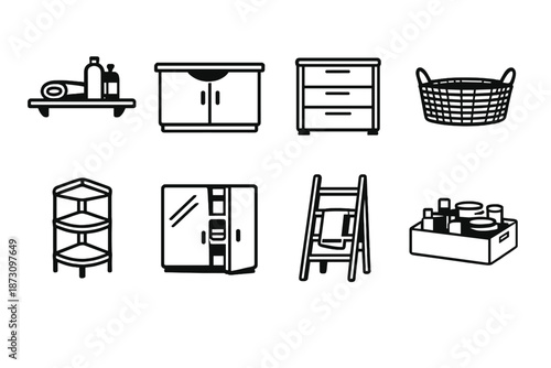 Home Organization Icon Set: Shelf, Cabinet, Drawer, Basket, Fridge, Ladder, Storage