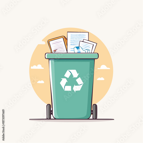 Green Recycling Bin Filled With Paper Documents Under a Cloudy Orange Sky