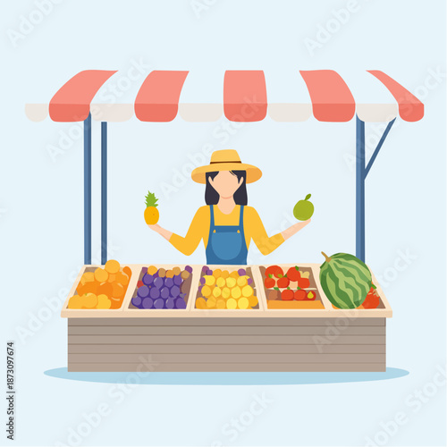 Farmer Woman Holding Fruits at an Outdoor Market Stall Displaying Fresh Produce With Red White Striped Awning and Wooden Crate Under Soft Blue Sky