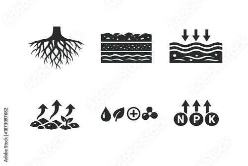 Soil and Agriculture Icons Set. Featuring root, layer, moisture, nutrients, growth, erosion, water, and more.