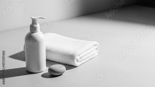 Minimalist Black and White Still Life of Bathroom Essentials.