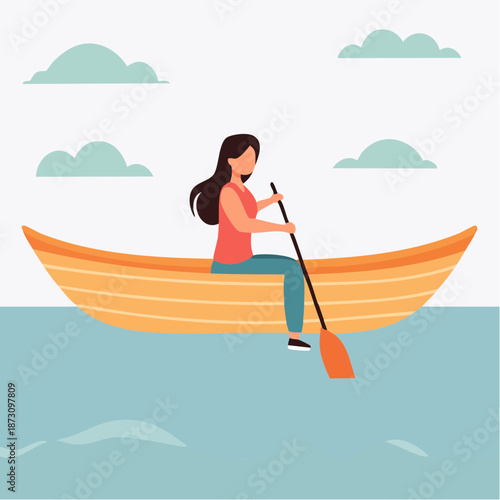 Woman Rowing Orange Boat on Calm Blue Water Under Cloudy Sky on a Pleasant Day