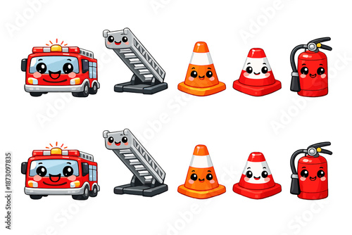 Emergency and safety icon set. Featuring fire truck, cones, extinguisher, ladder, safety, alert, rescue, hazard, response.