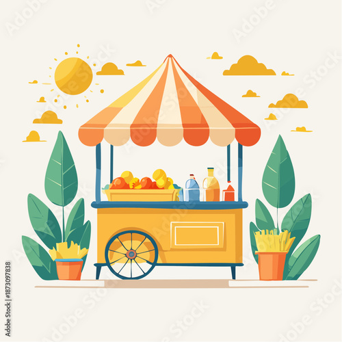 Vibrant Outdoor Food Cart Displaying Fresh Fruits and Beverages Under a Sunny Sky with Lush Greenery