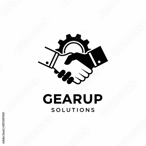 Handshake between robotic and human hands surrounded by industrial gears