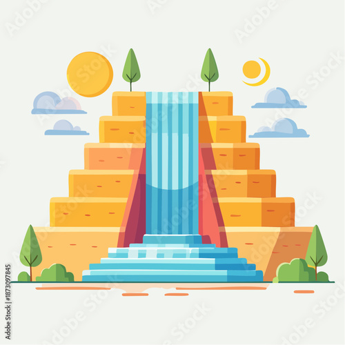 Pixel Art Ancient Pyramid Structure With Waterfall and Stylized Sun and Moon Under Bright Daytime Sky