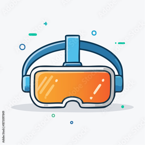 Blue and Orange Virtual Reality Headset With White Trim and Strap on White Background With Small Blue and Green Circles and Dashes