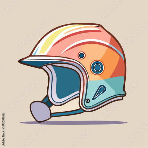 Retro Motorcycle Helmet With Rainbow Stripes And Teal Accents On A Beige Background
