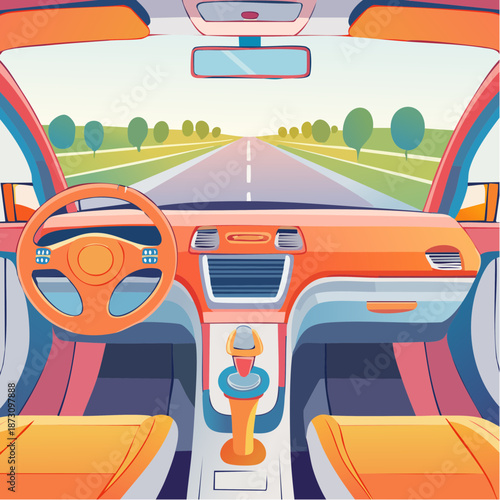 Interior View Of A Bright Orange Car Dashboard Steering Wheel And Seats Looking Out At A Sunny Road Lined With Green Trees