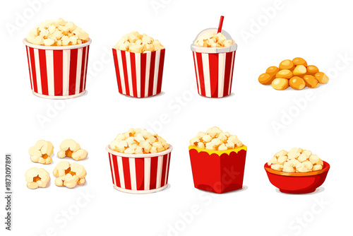 Food and snack icon set. Including popcorn, beverage, bowl, cup, kernels, theater, cinema, snack, container, treat.
