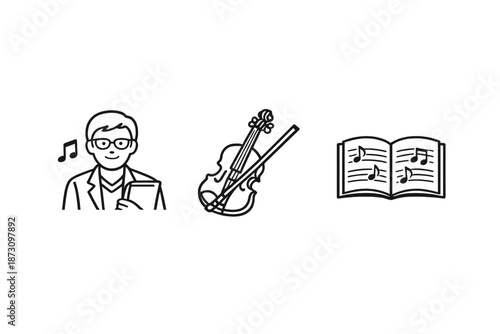 Music and Performance Icon Set. Featuring musician, instrument, notes, score, concert, melody, rhythm, and more.