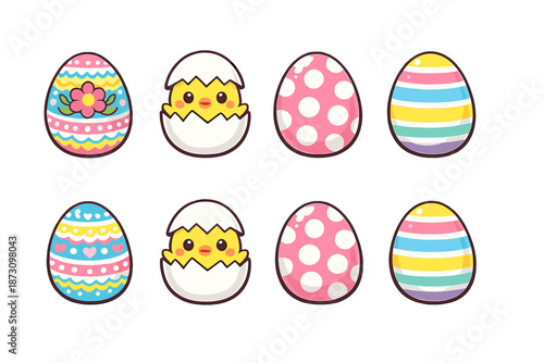 Easter and Spring Icon Set. Featuring eggs, chicks, baskets, flowers, decorations, bunnies, candy, and more.