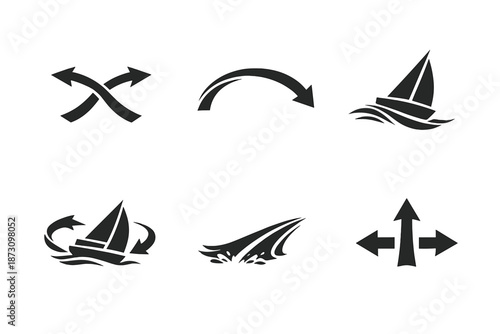 Sailing and navigation icon set. Featuring boat, anchor, sail, wave, compass, flag, route, ocean, and more.