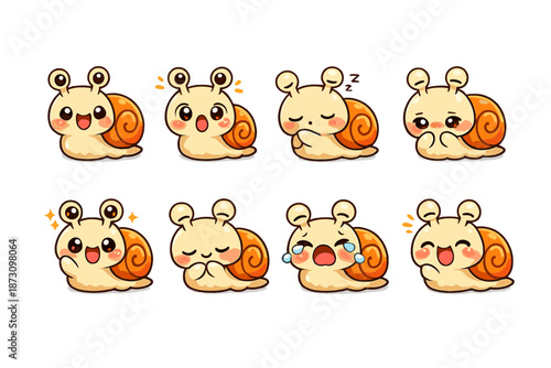 Cute Snail Icons Set. Containing emotive, happy, sleepy, crying, shy, surprised, playful, and more.