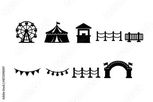 Carnival and fair icon set. Containing ferris wheel, tent, booth, barrier, game, lights, stage, flag and more.