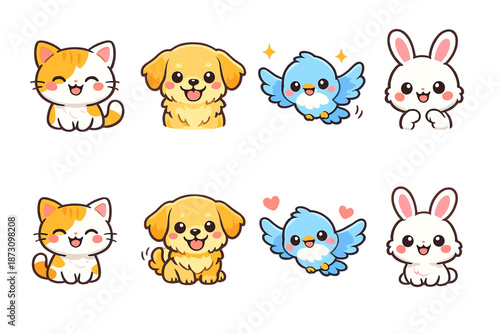 Cute Animals Icon Set: Cat, Dog, Bird, Rabbit, Pets, Happy, Playful, Friendship, Fur, Love, Joy, Cute, Animal, Companionship, Whiskers, Beak, Tail,