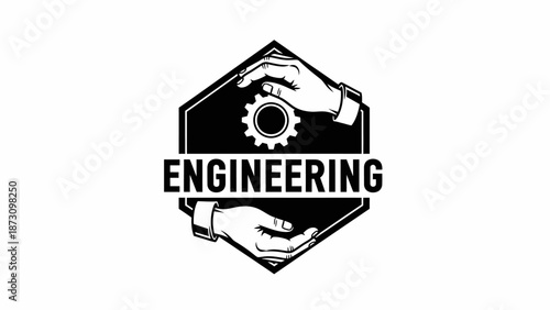 Hands holding a gear symbolizing engineering and innovation in a hexagonal frame