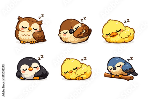 Sleeping Birds Icon Set. Featuring owl, chick, sparrow, bluebird, penguin, canary, nests, feathers, and more.