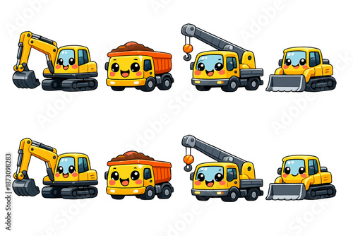 Construction Equipment Icon Set. Including excavator, dump truck, crane, bulldozer, loader, machinery, vehicle, and more.