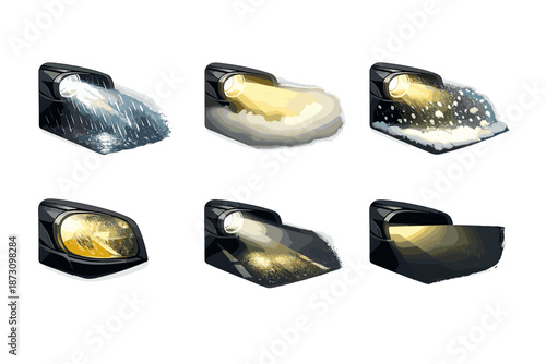 Weather and Lighting Icon Set. Featuring rain, snow, fog, sunlight, thunder, and light beam icons.