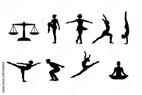 Dance and movement icon set. Containing ballet, rhythm, performance, flexibility, balance, grace, exercise, creativity, and more.