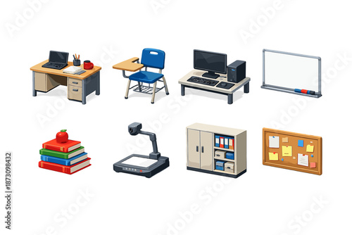 Education and Classroom Icons Set. Containing desk, chair, computer, monitor, whiteboard, books, projector, cabinet and more.