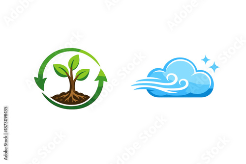 Environment and sustainability icons set. Featuring tree, recycling, cloud, wind, energy, nature, pollution, earth, and more.