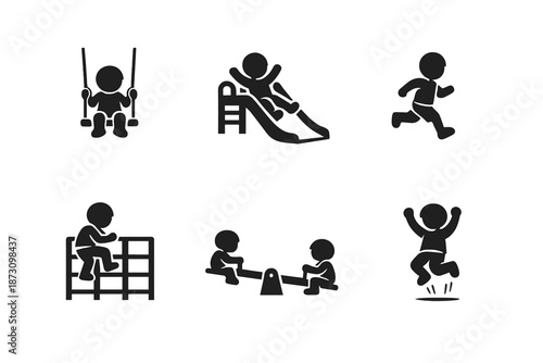 Playground and activity icons set. Including swing, slide, running, climbing, seesaw, and jumping.
