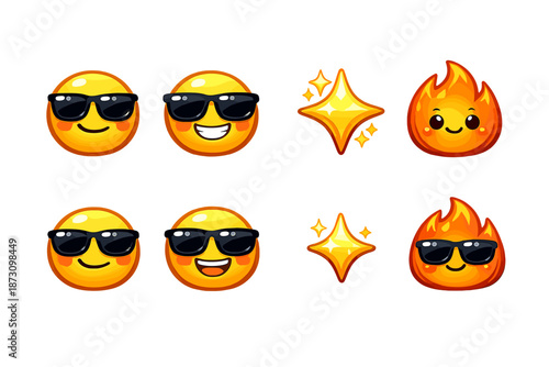 Emojis and expressions icon set. Featuring smiles, flames, sparkles, sunglasses, happiness, joy, fun, and more.