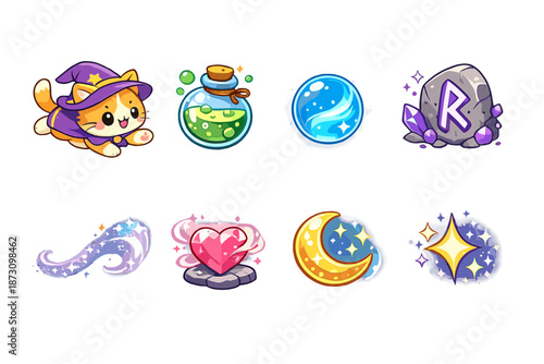 Fantasy and magic icon set. Featuring cat, potion, crystal, moon, heart, sparkle, star, and more.
