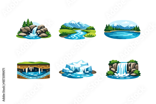 Water and nature icon set. Featuring river, lake, waterfall, stream, mountain, rock, ice, wetland and more.