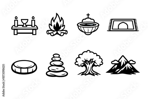 Religion and nature icons set. Containing altar, fire, crown, temple, stone, tree, mountain, and more.