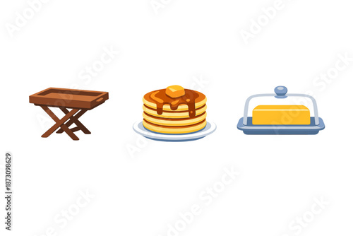 Breakfast and dining icon set. Containing pancakes, butter, serving tray, food, meal, brunch, dining, cuisine, tableware, snack, syrup, hospitality,