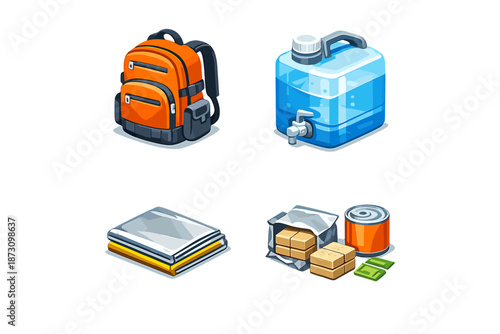 Travel Essentials Icon Set. Featuring backpack, water, blanket, containers, supplies, gear, and more.