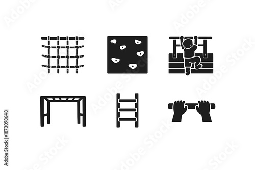 Fitness and exercise icon set. Containing climbing, gym, strength, pull-up, obstacle, equipment, agility, balance and more.