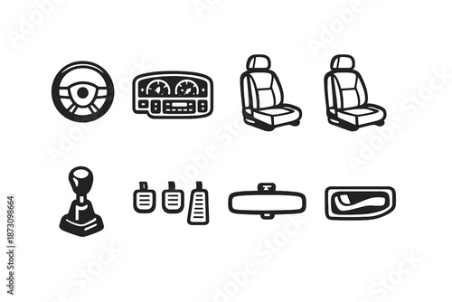 Vehicle and driving icon set. Featuring steering wheel, dashboard, seats, gear shift, pedals, rearview mirror, and more.