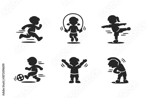 Sports and Fitness Icon Set: Running, Jumping, Dancing, Playing, Exercising, Stretching